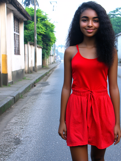 Smiling Woman In Red Dress On Street