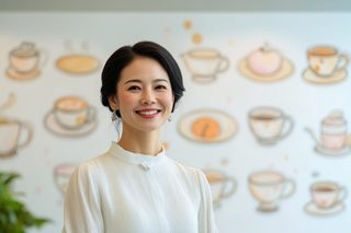 Smiling Woman in White with Coffee Cup Background