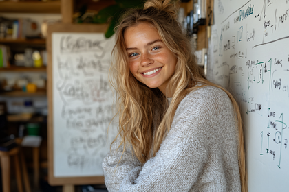 Smiling Woman Leaning Against Whiteboard