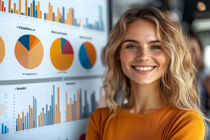 Smiling Woman Presenting Data Charts