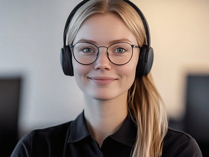 Smiling Woman Wearing Headphones and Glasses