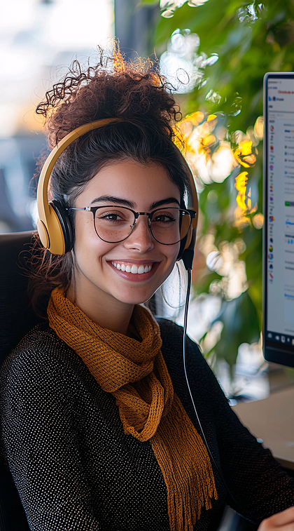Smiling Woman Wearing Headphones And Scarf