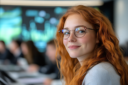 Smiling Woman with Red Hair and Glasses
