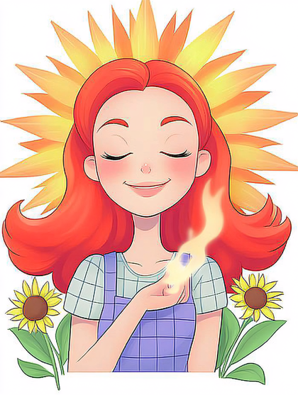 Smiling Woman with Sunflowers and Flame