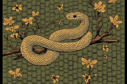 Snake Coiled on Branch with Floral Background