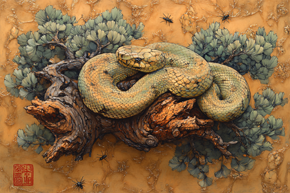 Snake Coiled on Tree Branch with Insects