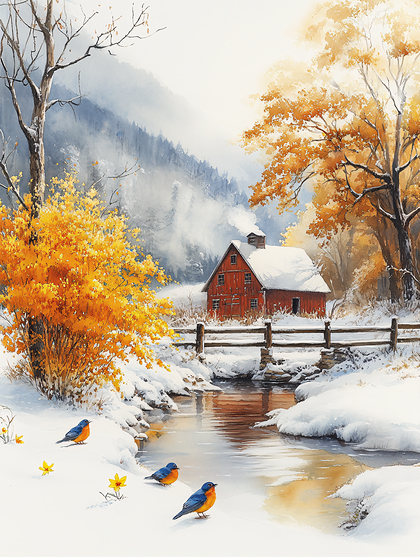 Snowy Barn And Bluebirds