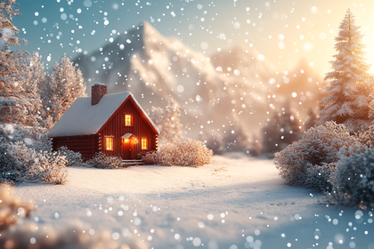 Snowy Cabin In Winter Landscape