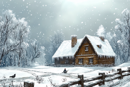 Snowy Cabin Winter Scene