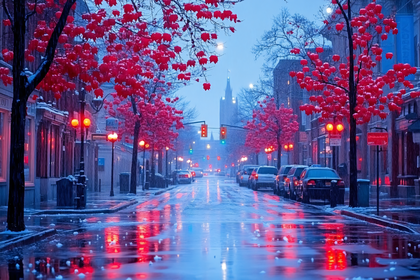 Snowy City Street at Night
