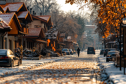 Snowy Cobblestone Street with Autumnal Trees