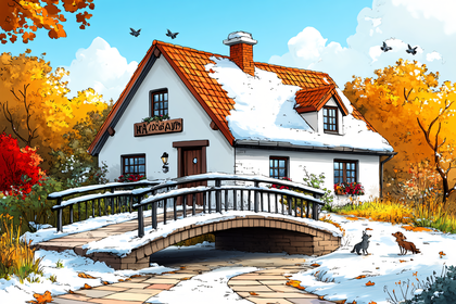 Snowy Cottage With Dogs