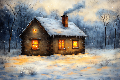 Snowy Cottage with Heart Window