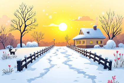 Snowy House At Sunset