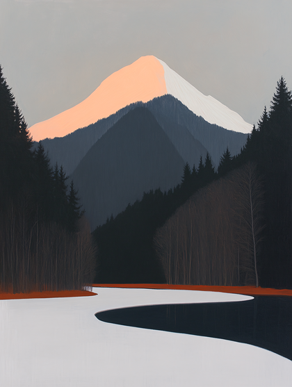 Snowy Mountain Sunrise Over Forested Lake
