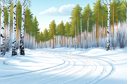 Snowy Path Through Birch and Pine Forest