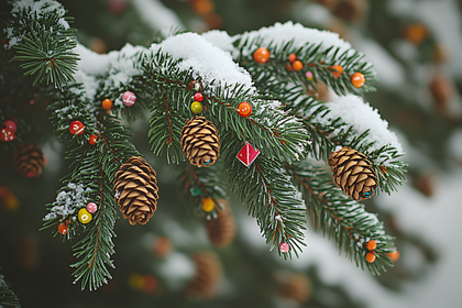 Snowy Pine Branch with Ornaments