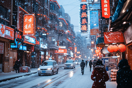 Snowy Street Scene in Asia