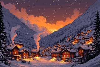 Snowy Village in Mountain Valley at Night