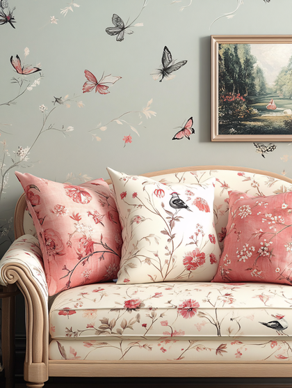 Sofa with Floral and Bird Pattern and Butterfly Wallpaper