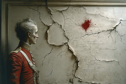 Soldier Contemplating Blood Stain and Script on Cracked Wall