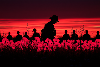 Soldiers in Poppy Field at Sunset