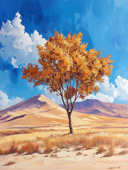Solitary Autumn Tree in Desert Landscape