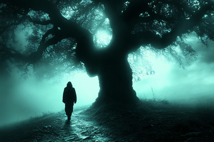 Solitary Figure by Ancient Tree in Eerie Mist