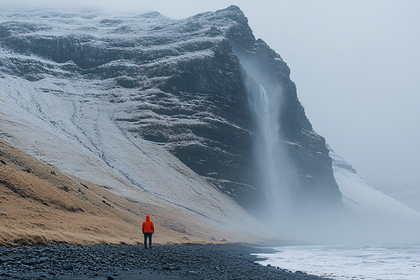 Solitary Figure by Waterfall on Snowy Shore