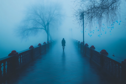 Solitary Figure on Foggy Bridge