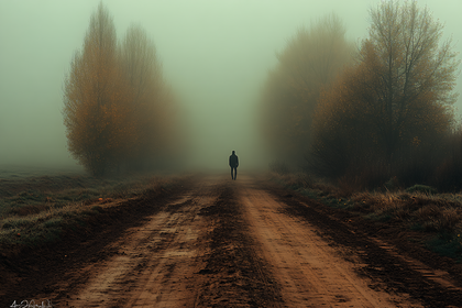 Solitary Figure on Misty Path