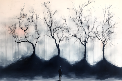 Solitary Figure Under Barren Trees