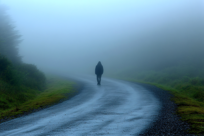 Solitary Figure Walking Through Dense Fog