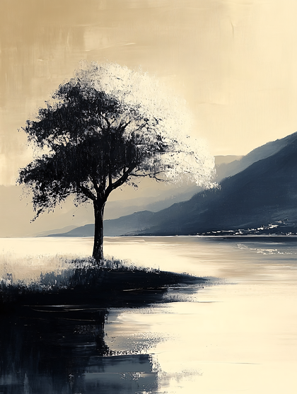 Solitary Lakeside Tree Painting