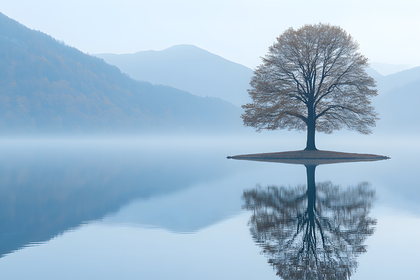 Solitary Tree Island in Misty Lake