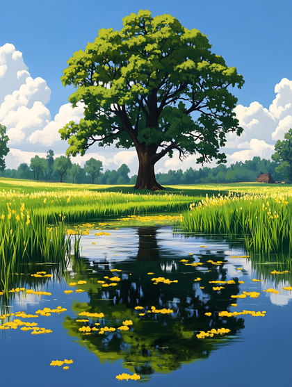 Solitary Tree Reflecting in Pond
