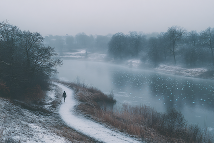 Solitary Walk on a Snowy Path by a River