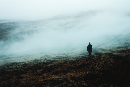Solitary Wanderer in Misty Landscape