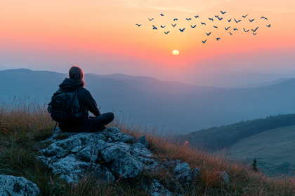 Solitude On Mountain Peak at Sunset