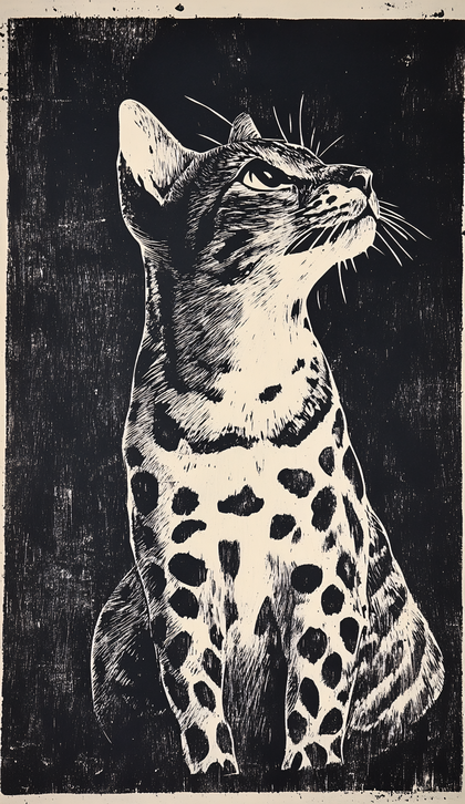 Spotted Cat in Woodcut Style