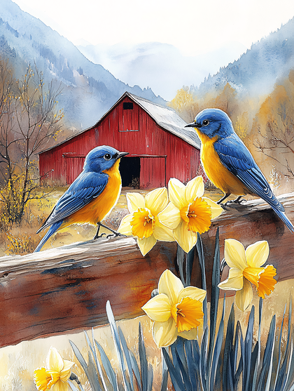 Spring Barn Scene With Bluebirds and Daffodils