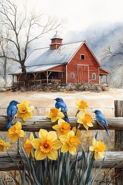 Spring Barn With Bluebirds And Daffodils