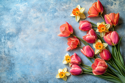 Spring Flowers on Blue Background