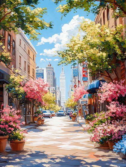 Spring Street Scene with Pink Blossoms and Empire State Building