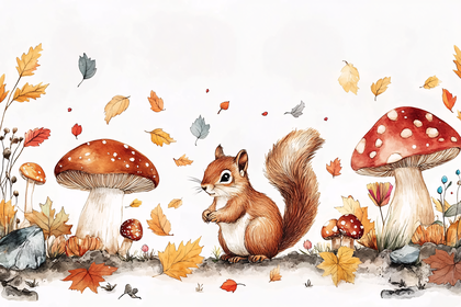Squirrel With Mushrooms In Autumn