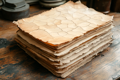 Stack Of Aged Parchment On Wooden Table