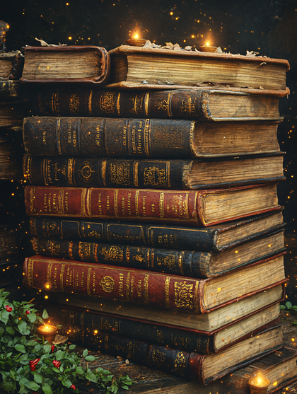 Stack Of Ancient Books With Candles