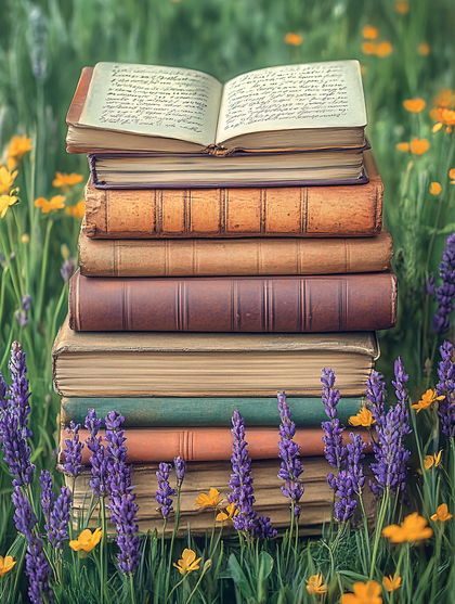Stack of Antique Books in Flower Field