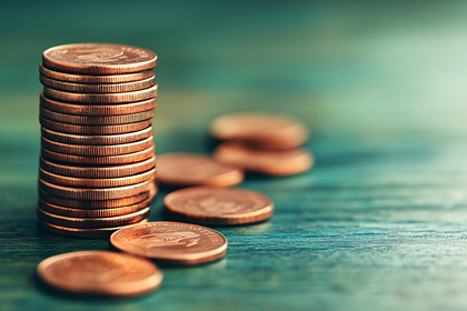 Stack Of Copper Coins On Teal Wooden Surface