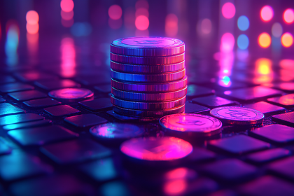 Stack Of Crypto Coins In Neon Light